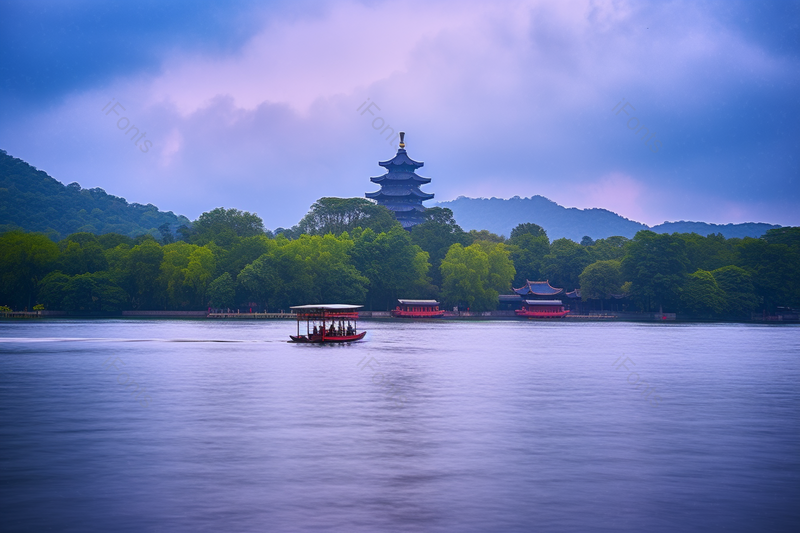 唯美天空下的古老塔楼与湖水游行的小船倒影,高清,摄影图,摄影图片,图片大全,摄影图免费下载